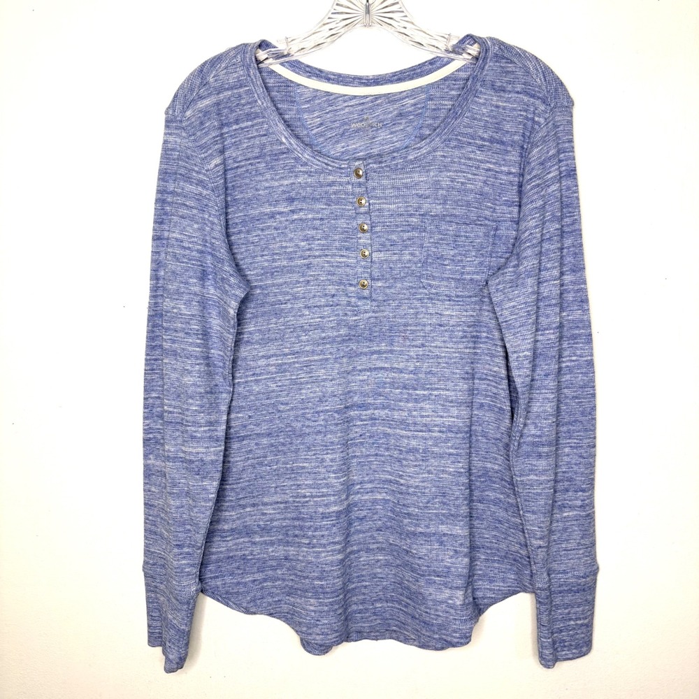 Woolrich Top Womens Large Blue Space Dye Waffle Knit Henley Thermal Minimalist